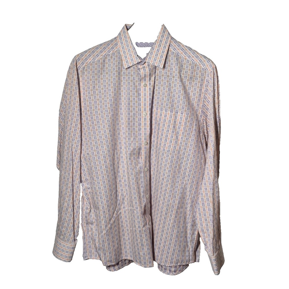 Johnston & Murphy‎ Shirt Mens L Orange/Purple Check Plaid Flip Cuff Long Sleeve